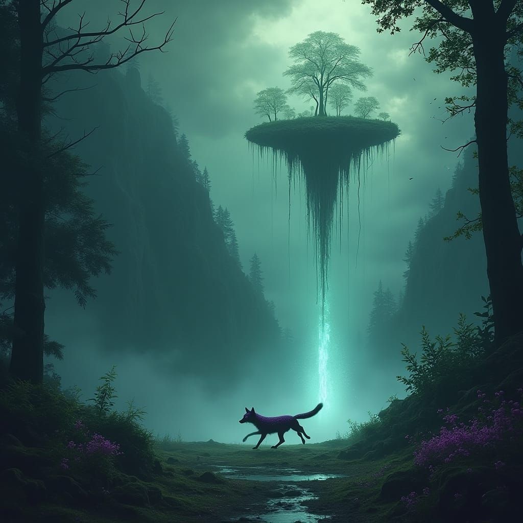 Enchanted Forest with Reversed Gravity in Mystical Style