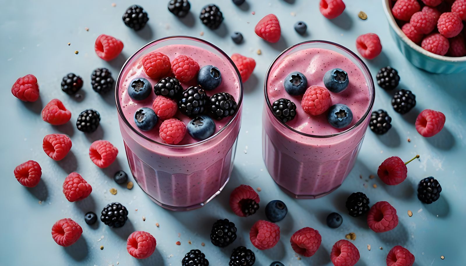 Pink Berry Smoothie Flatlay with Frozen Berries