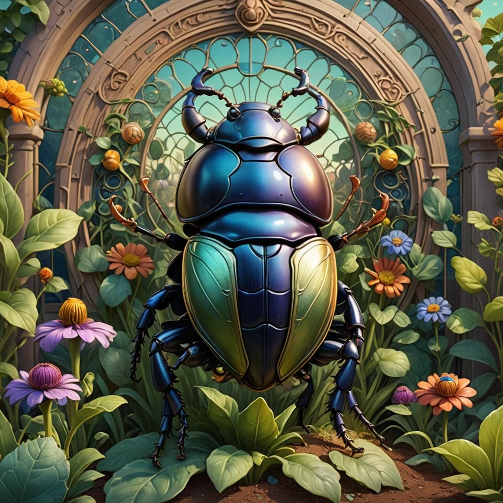 Art Nouveau Portrait: Lady Dung Beetle in Garden