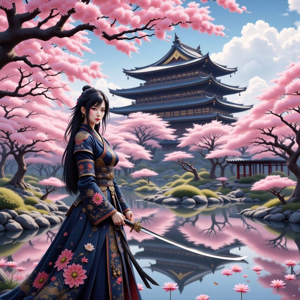 Elegant Armored Warrior Under Cherry Blossoms
