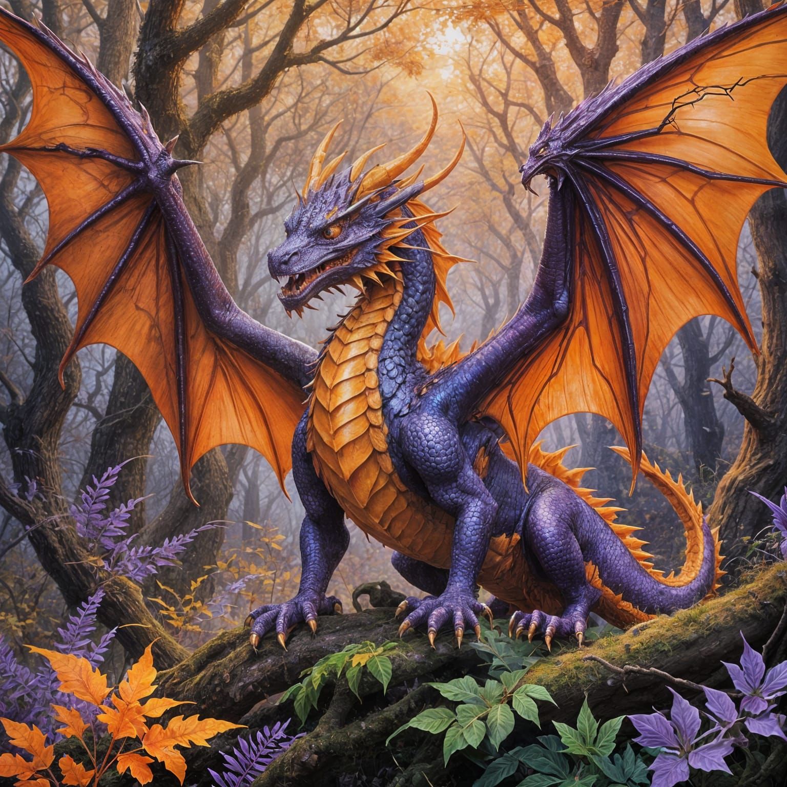 Ethereal Orange and Purple Dragon with Wings