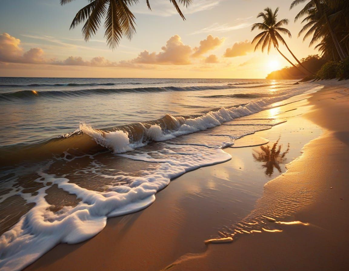 Tropical Beach with Bent Coconut Trees: Photorealistic Image