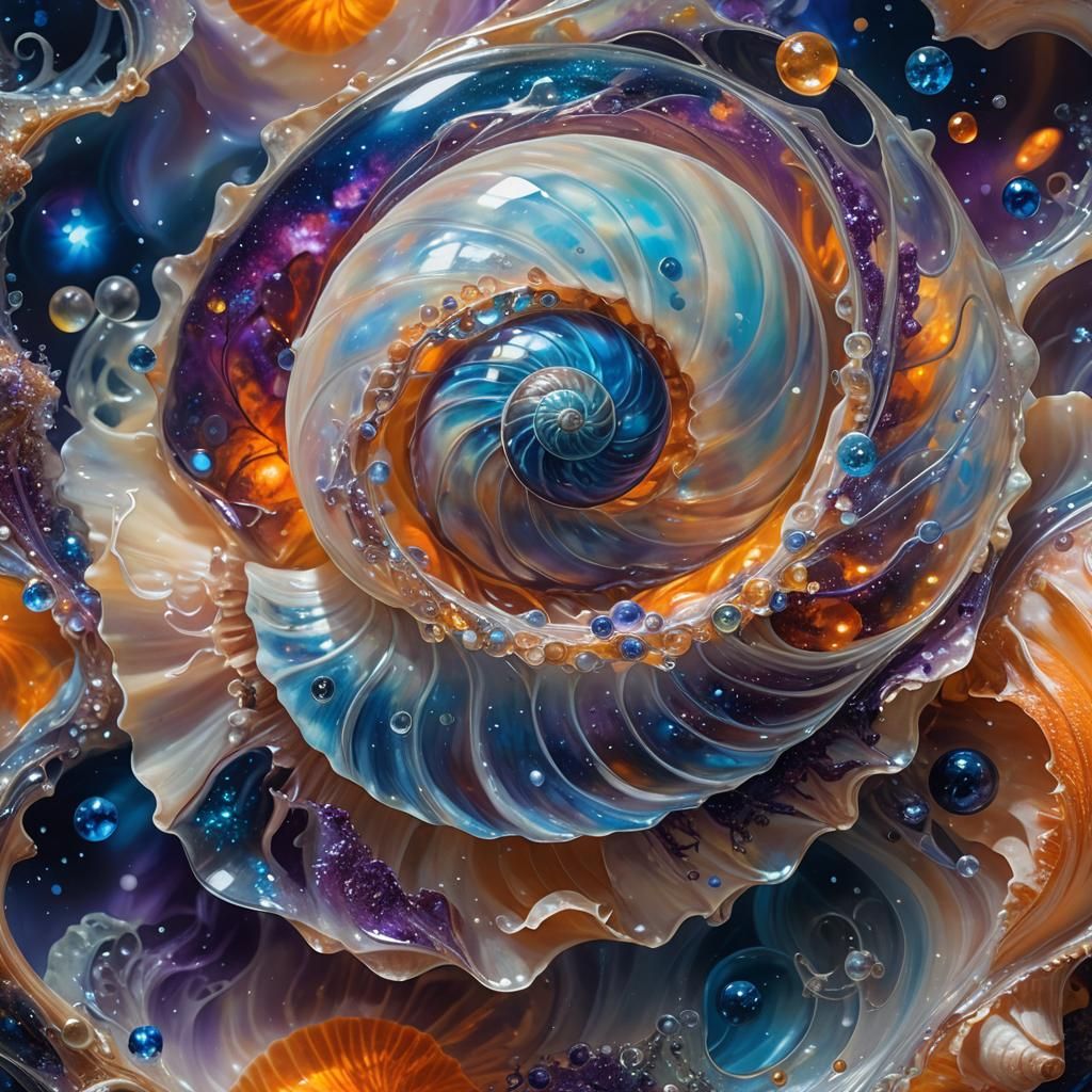 Galaxy in Seashell: Macro Oil Painting with Bioluminescence