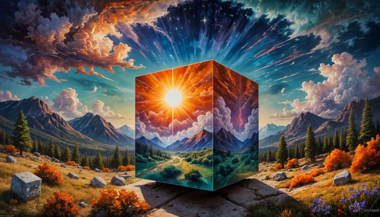 Surreal Cube Form in a Night Sky with Contrasting Landscapes