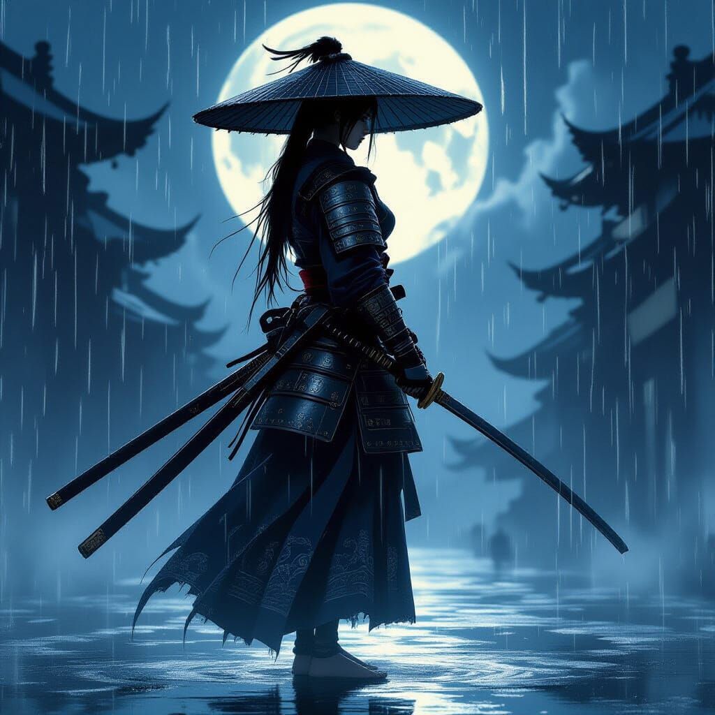Samurai Woman in Rain, Fantasy Art Style