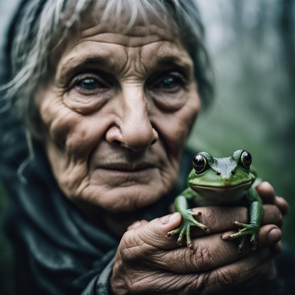 Woman and Frog Portrait in Foggy Swamp