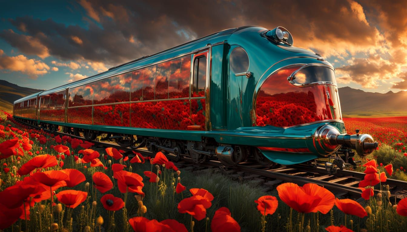 Turquoise Art Deco Train Speeds Through Red Poppy Fields in ...