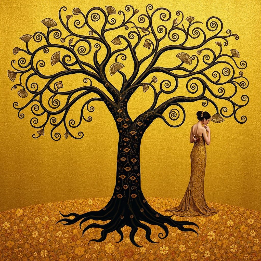 Dreamlike Tree of Life Scene in Golden Opulence