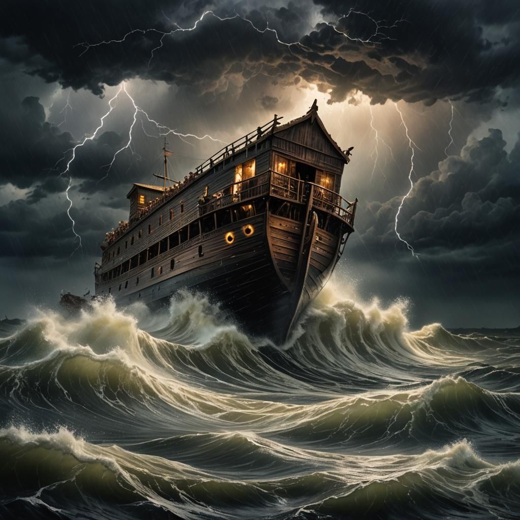 Noah's Ark Survives Storm in Ominous Oil Painting