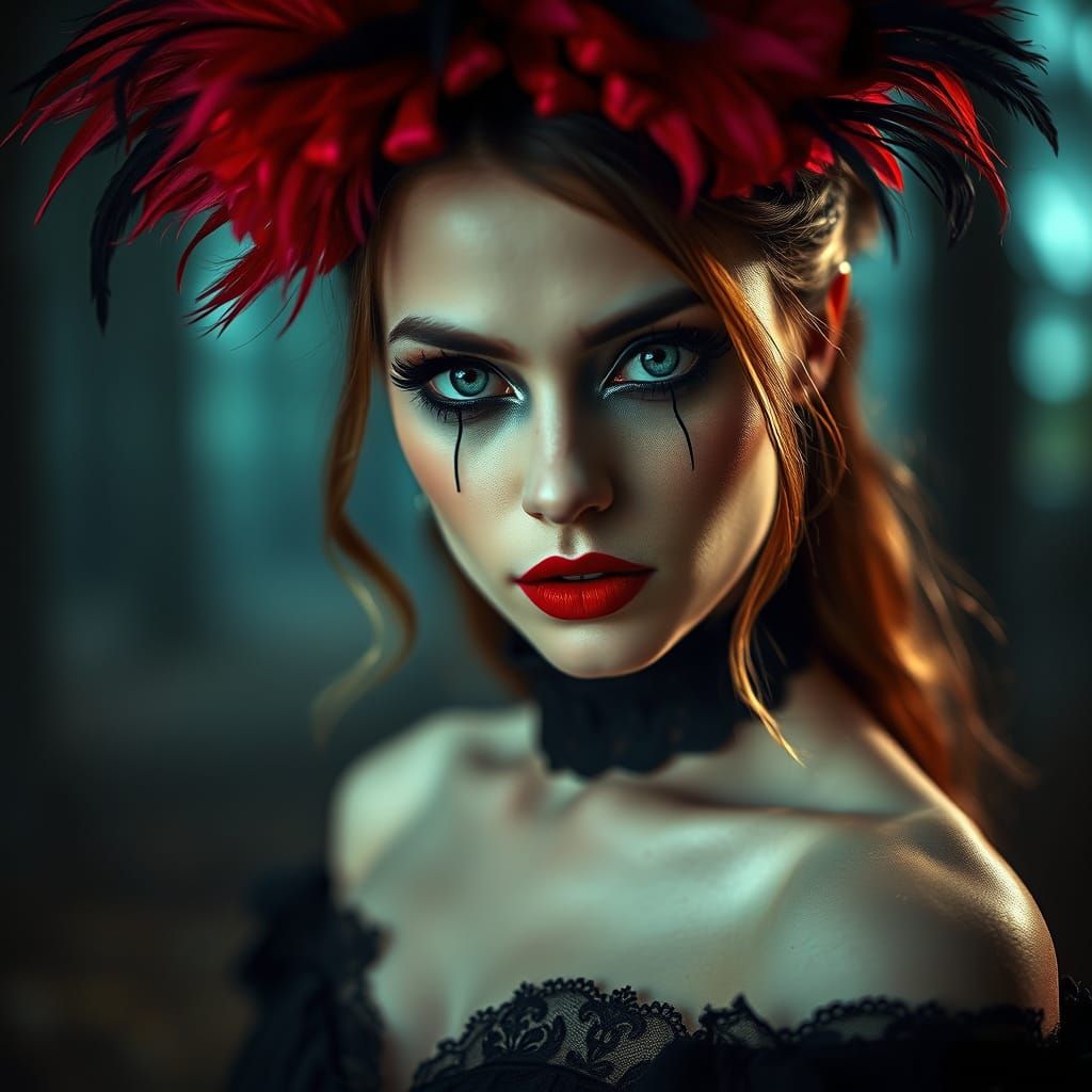 femme gothique dans une forêt brumeuse au crépuscule.