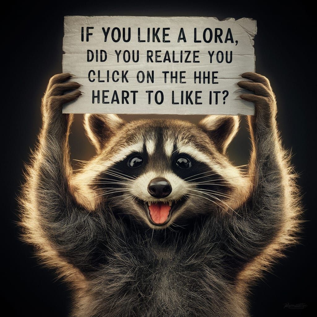 Delighted Raccoon Holding Sign in Hyperrealistic HDR Photo