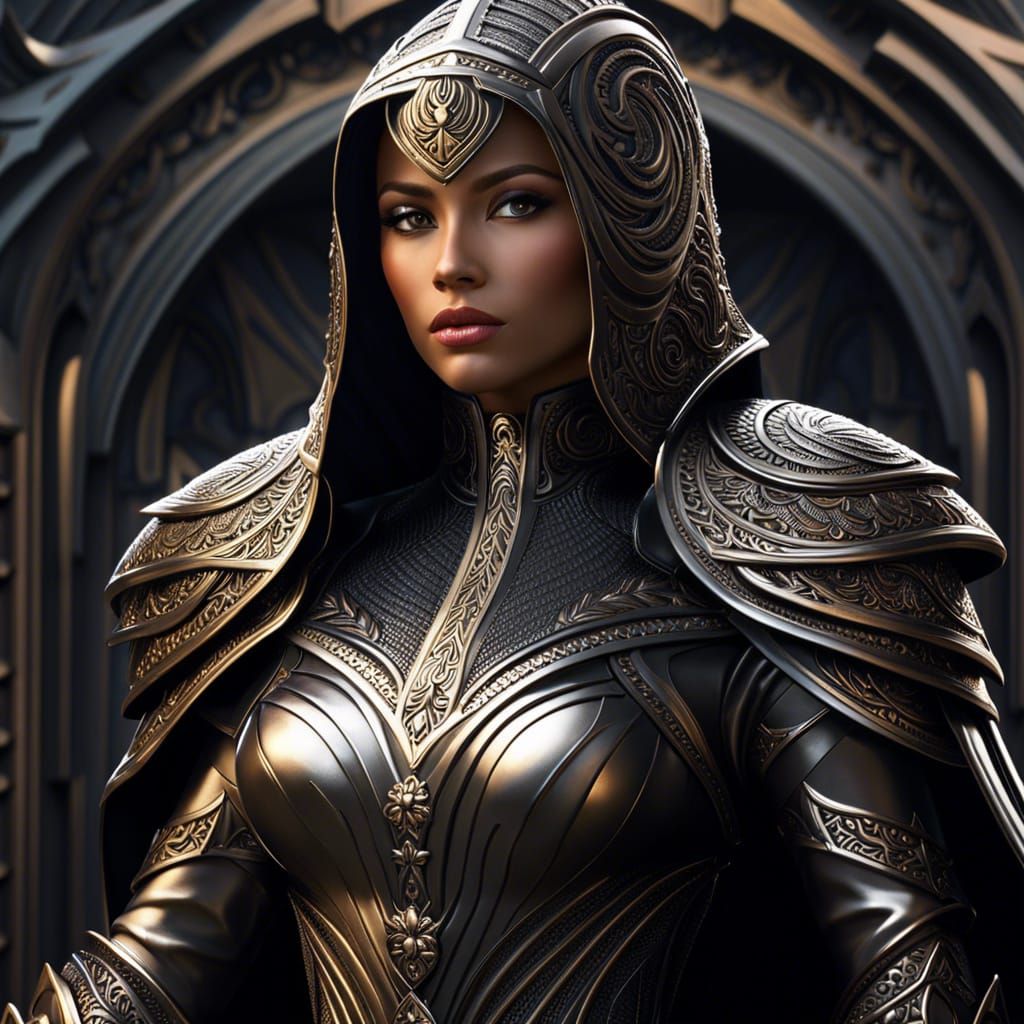 Alluring Black Lady Knight in Gunmetal Armor