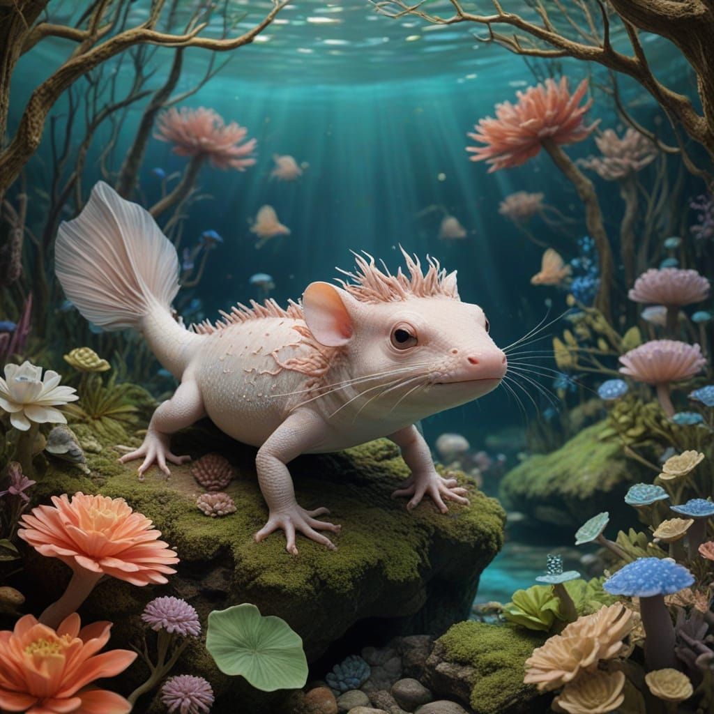 Imagine an adult axolotl, its feathery gills swaying gently,...