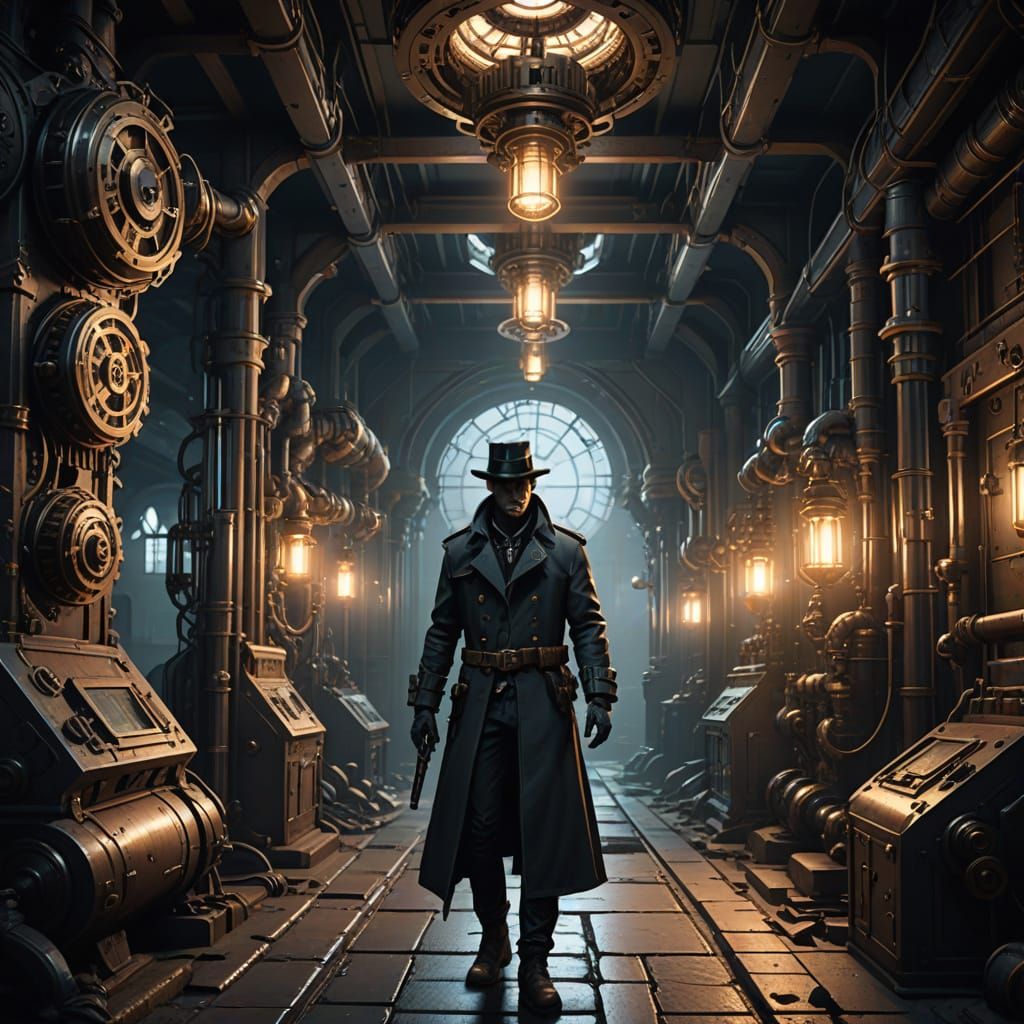 Steampunk Sci-Fi Art: Figure with Glowing Device in Workshop