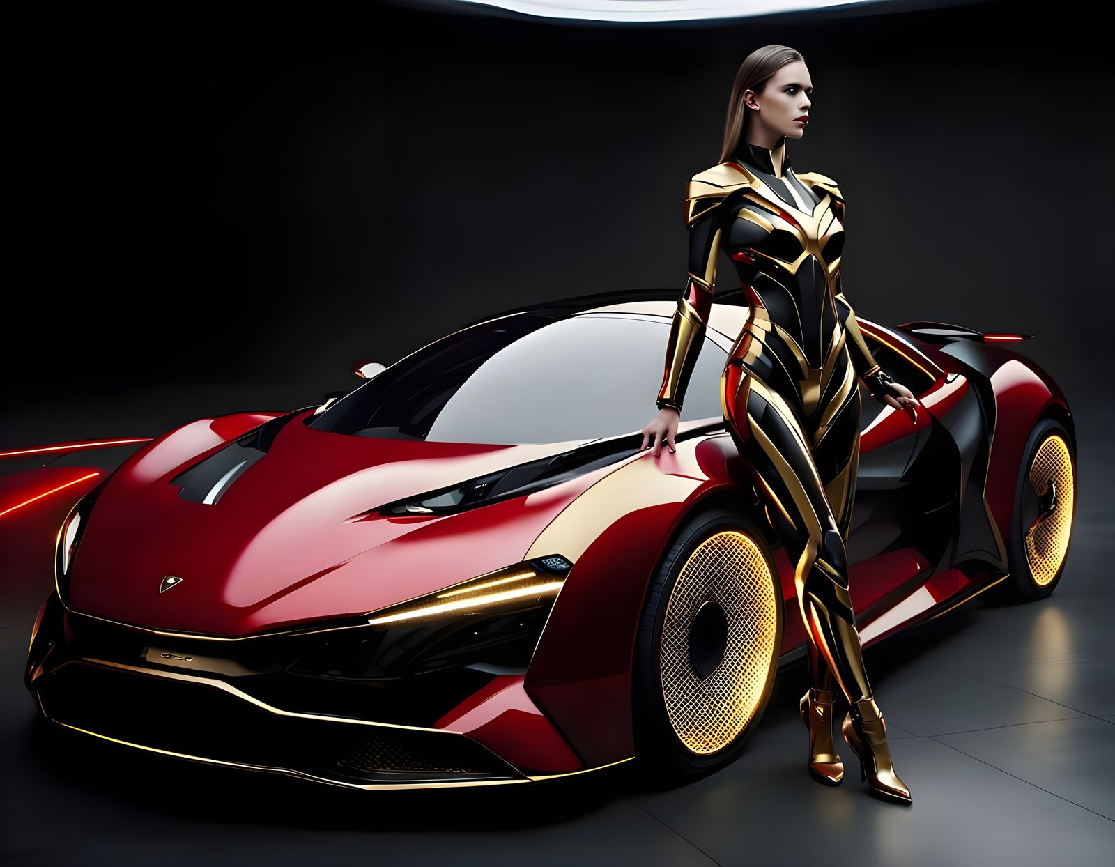 Futuristic Sports Car With Female Model In Cyber Armor