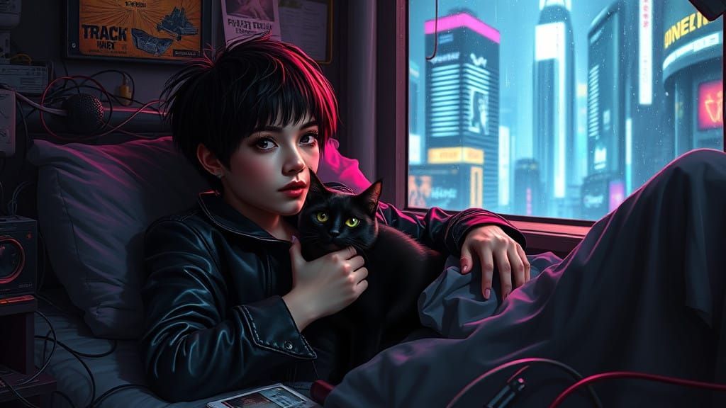 Rebellious Girl in Neon Cyberpunk Haven