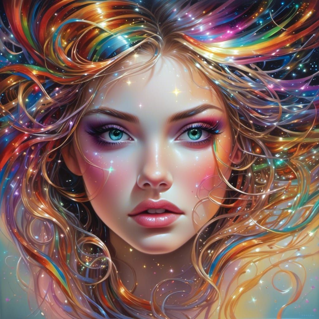 Glittering Woman with Rainbow Hair, Surreal Digital Art