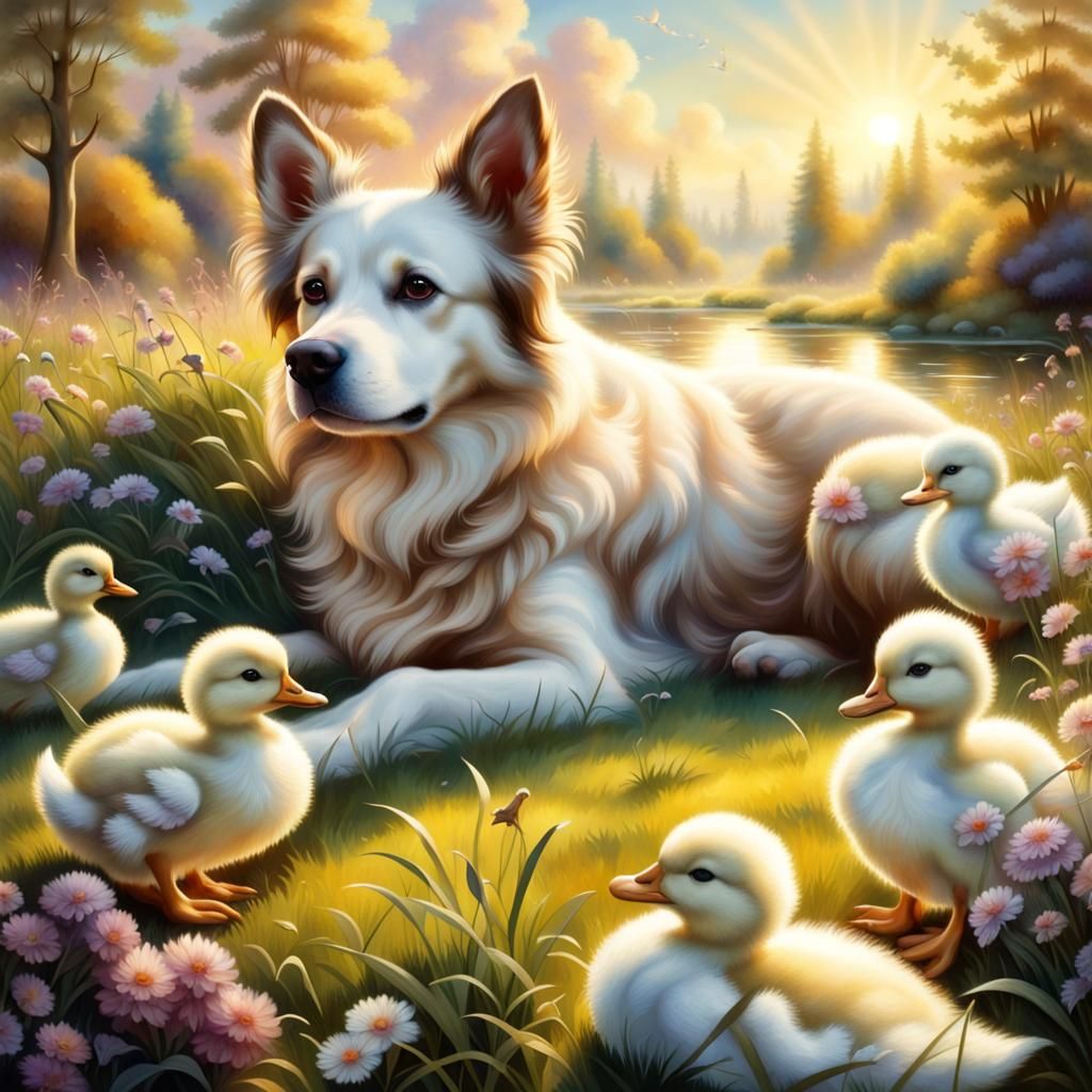 Dog and Ducklings in Sunny Meadow Watercolor
