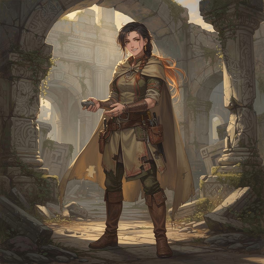 Nimble Woman in Ancient Ruins, Fantasy Art Style