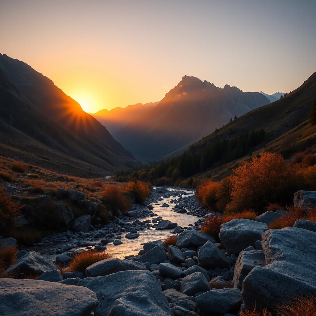 Sunset Over Tranquil Mountain Valley: Natural Photography