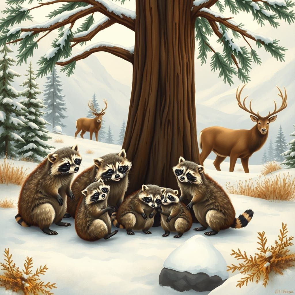 Raccoon Family in Winter Wonderland Scene, Folk-Art Style