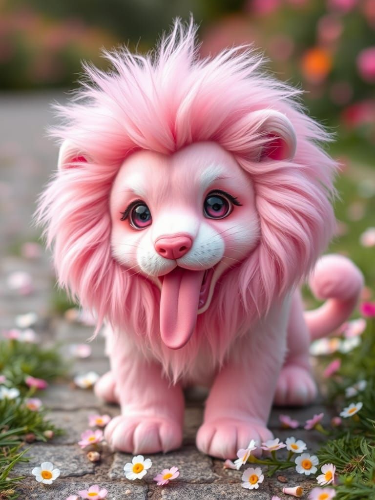 Pink Fluff Lion-Dog on Flower Path