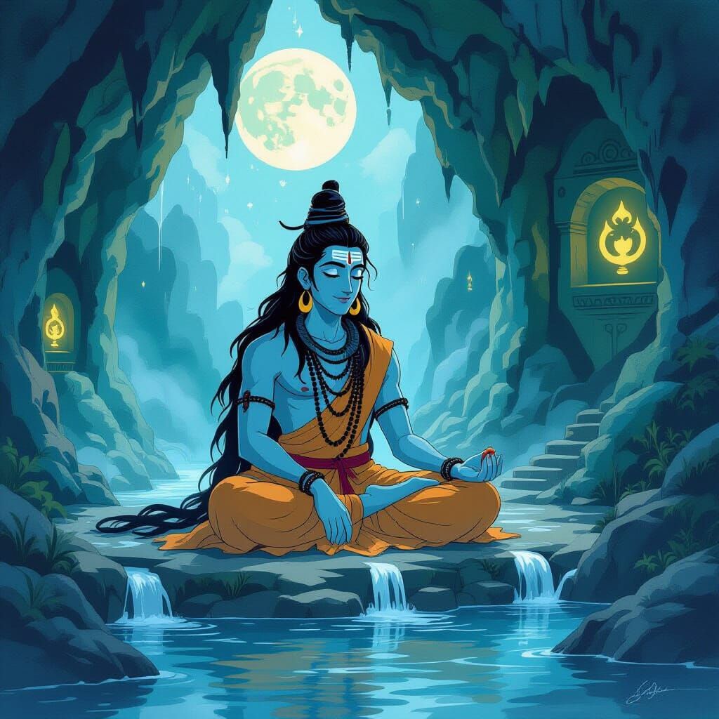 Lord Shiva in Moonlit Cave, Ghibli-Inspired Art