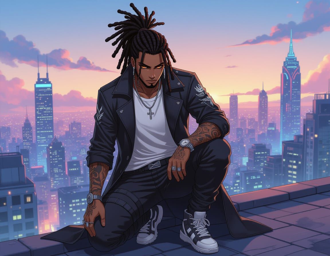 Fantasy Man Gazing at Neon City in Manga Style