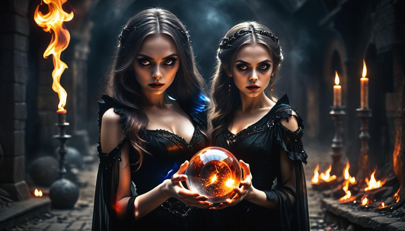 Fiery Crystal Ball: Dark Fantasy Sorceress Portrait