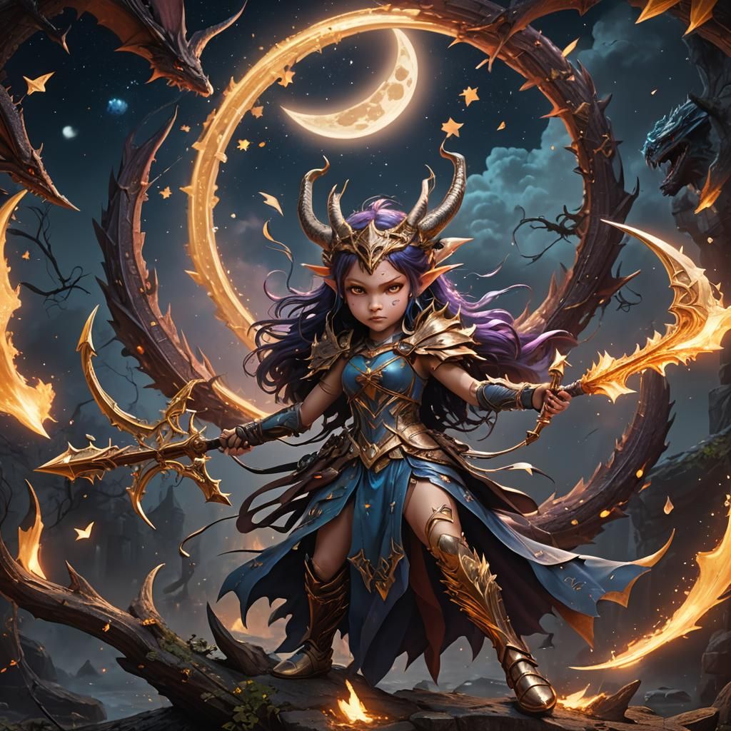 Goddess with Dragon, Stars, and Moon in Detailed Fantasy Art