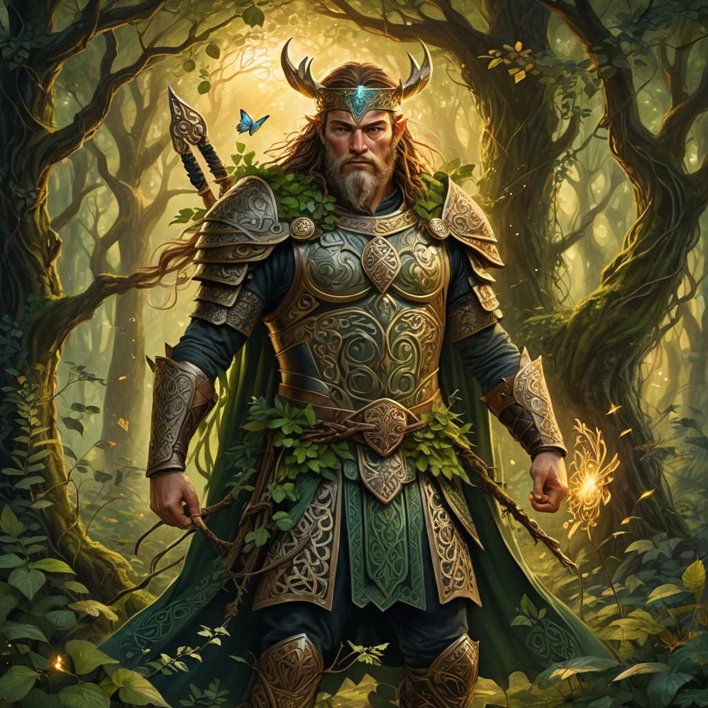 Celtic Warrior in Mystical Forest: Whimsical Fantasy Art