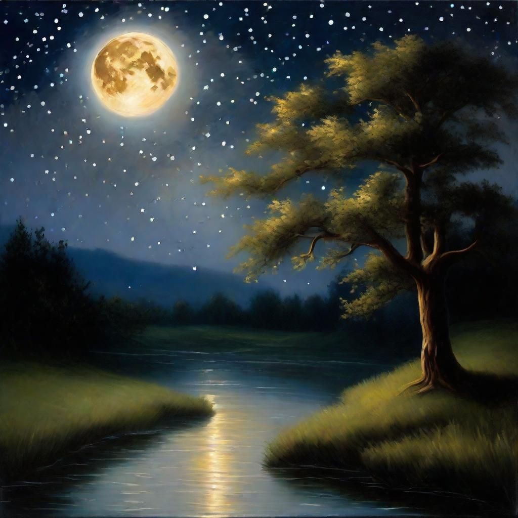 Full Moon Night Landscape in Bierstadt Style