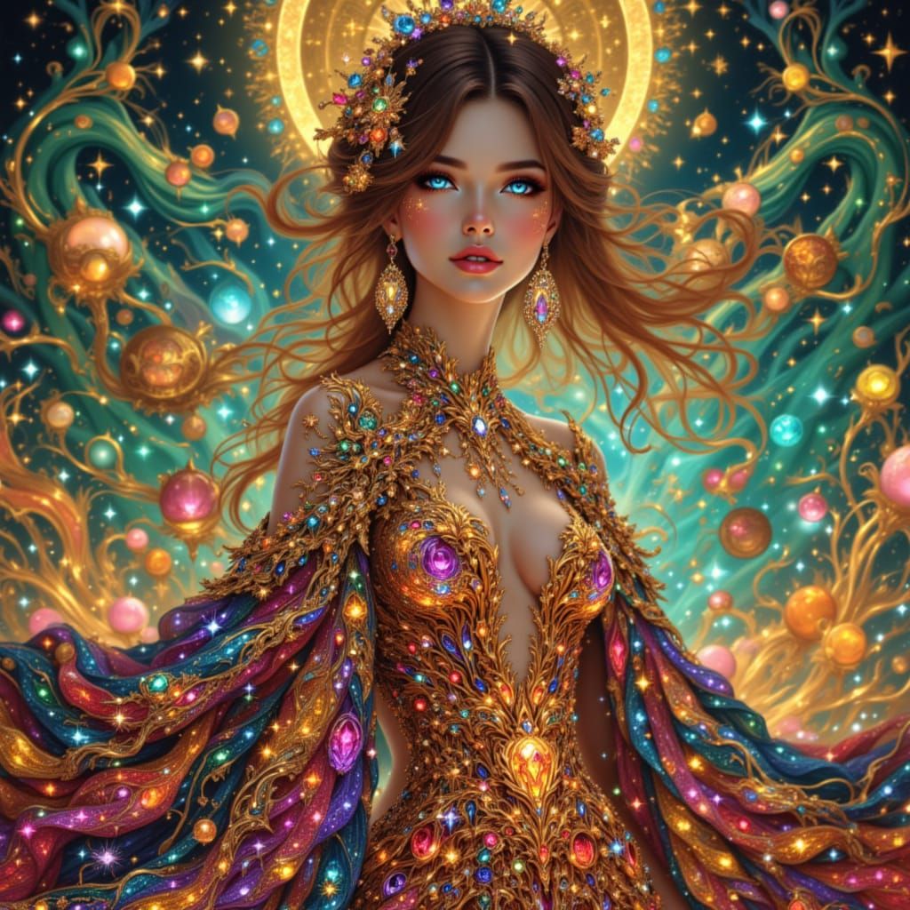 Elegant Lady in Extravagant Gown, Art Nouveau Style