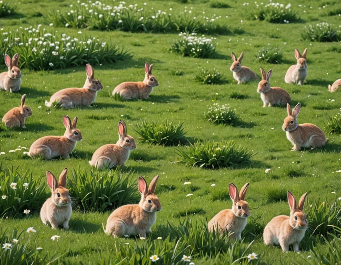 Happy Rabbits in Spring Meadow Landscape
