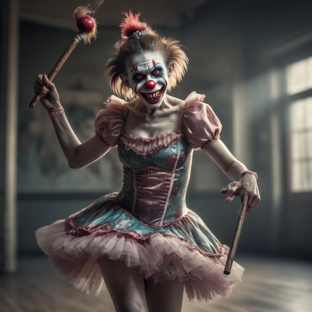 Hyperrealistic Zombie Monkey Clown Ballerina with Baton