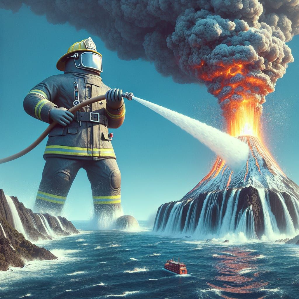 Surreal Firefighter Battles Volcano in Ocean Landscape