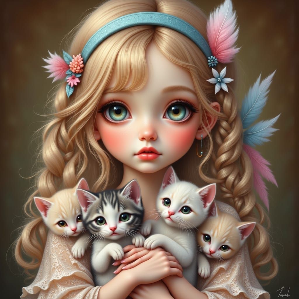 Girl with Kittens in Whimsical Style