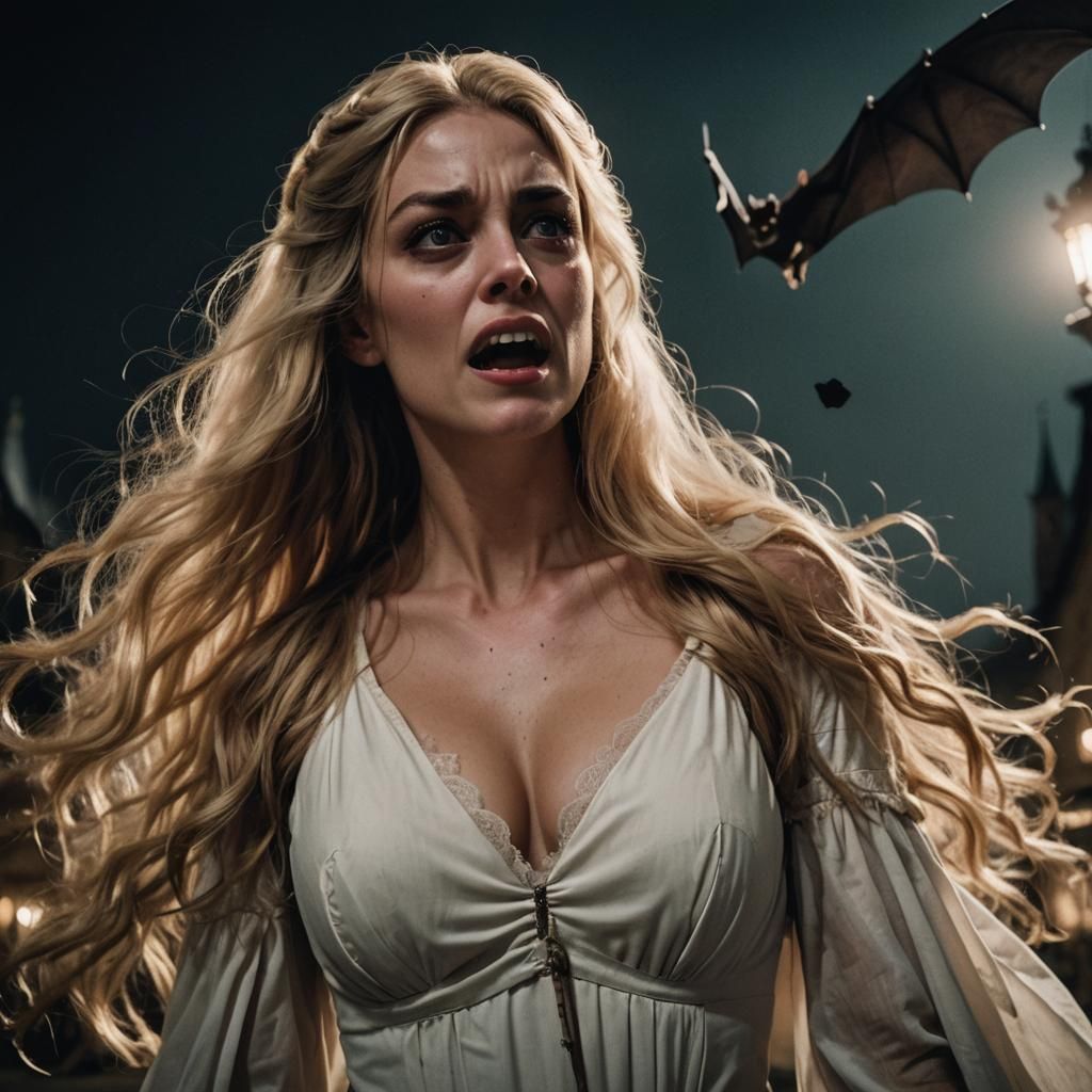 Blonde Haired Medieval Woman Being Stalked by Vampire Bats