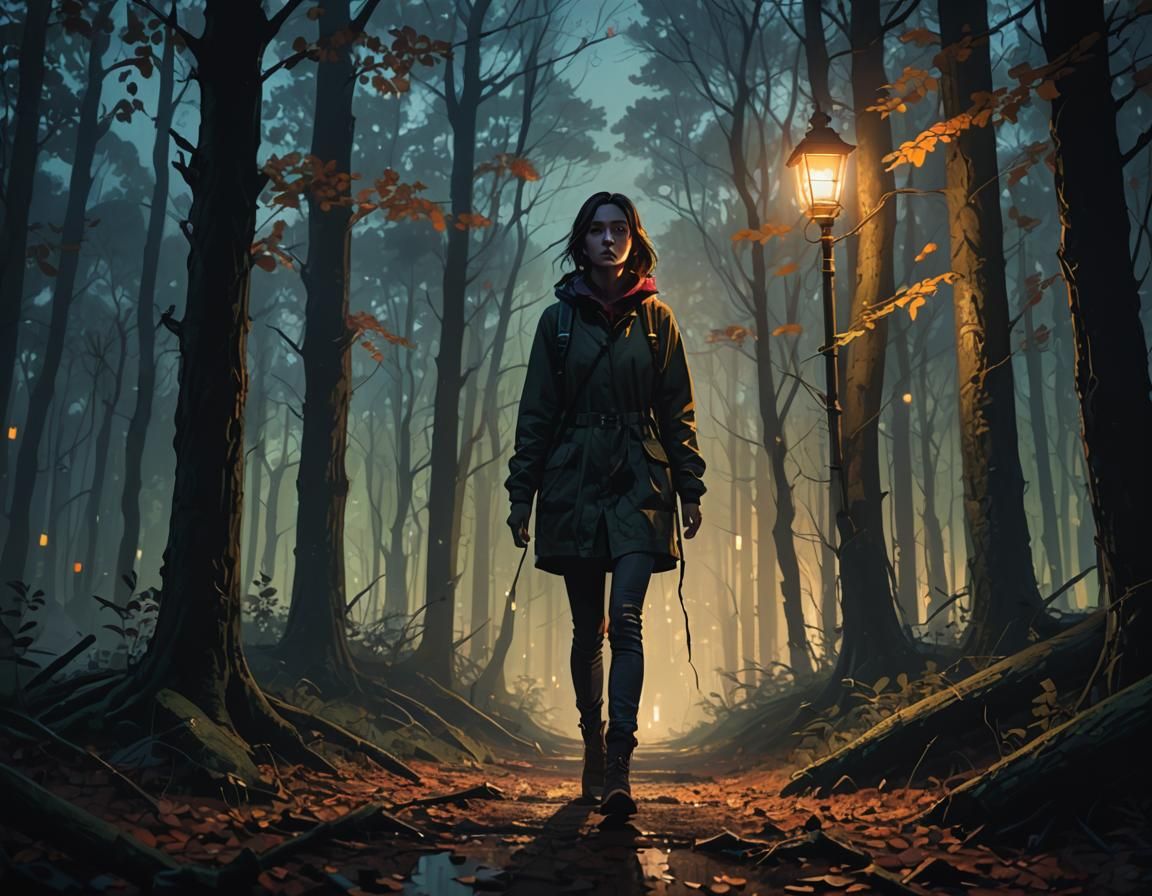 Lonely Girl Walks Through Dark, Misty Woods Under Flickering...