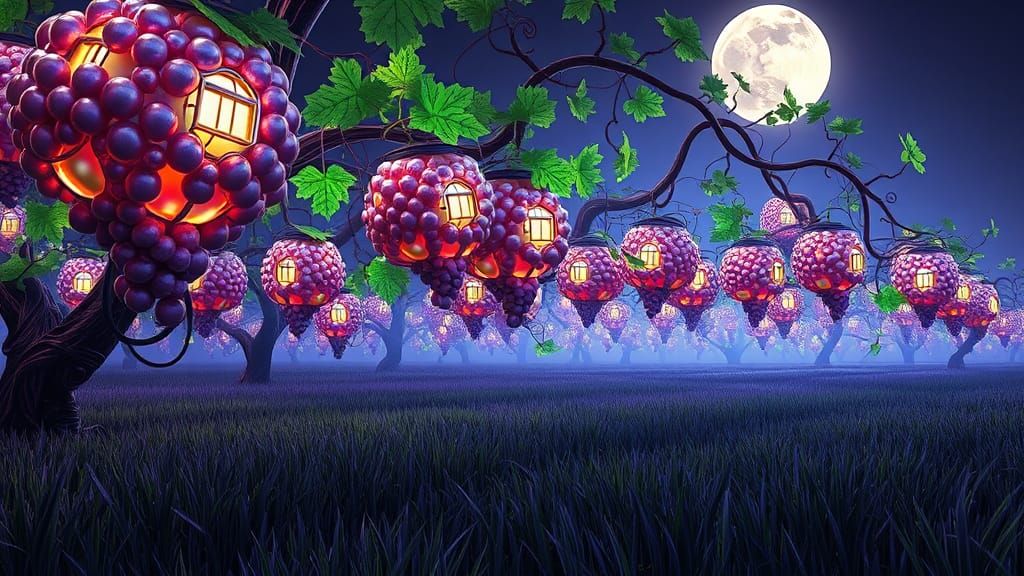 Glowing, Futuristic Grape Clusters in a Dazzling, Hyperreali...