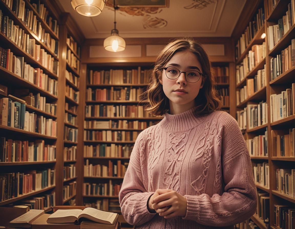 Cozy Bookstore Portrait in Art Nouveau Style