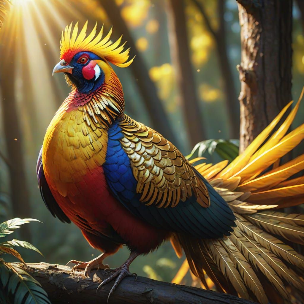 Golden Pheasant Shimmers in Forest: Fantasy Digital Art