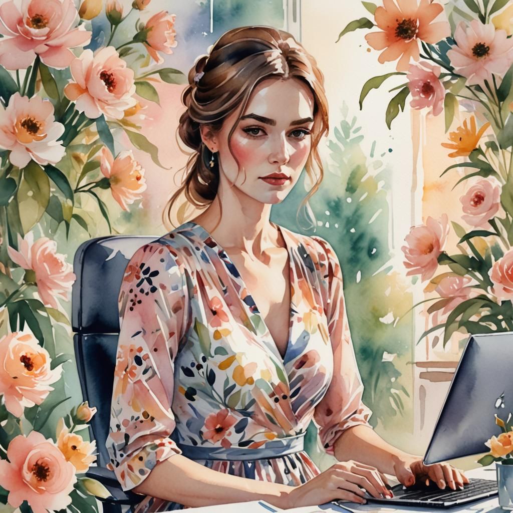 Girl in Floral Dress, Watercolor Portrait Style