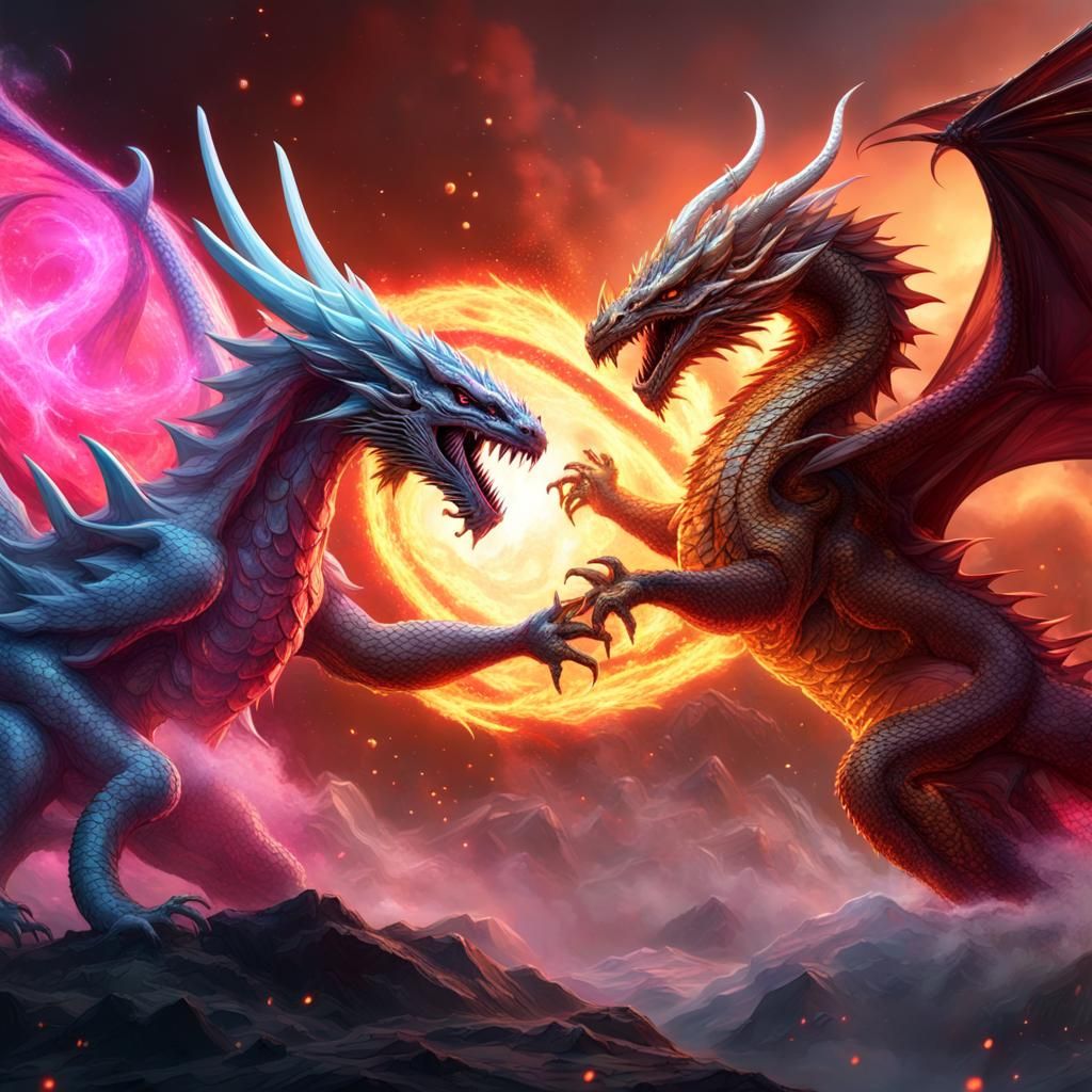 Fiery Dragon vs Angelic Ice Dragon in Cosmic Battle