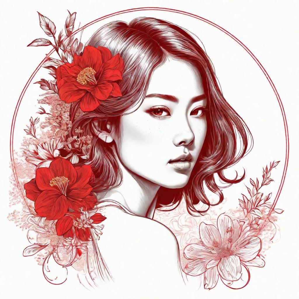 Vintage Line Art Portrait with Floral Background