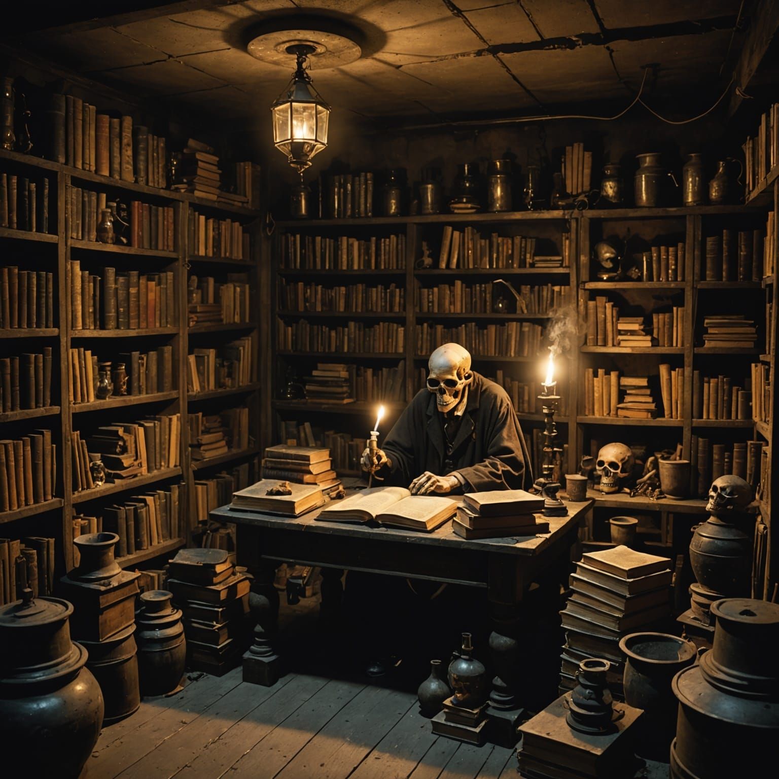 Wizard's Dimly Lit Laboratory in a Hidden, Magical Space