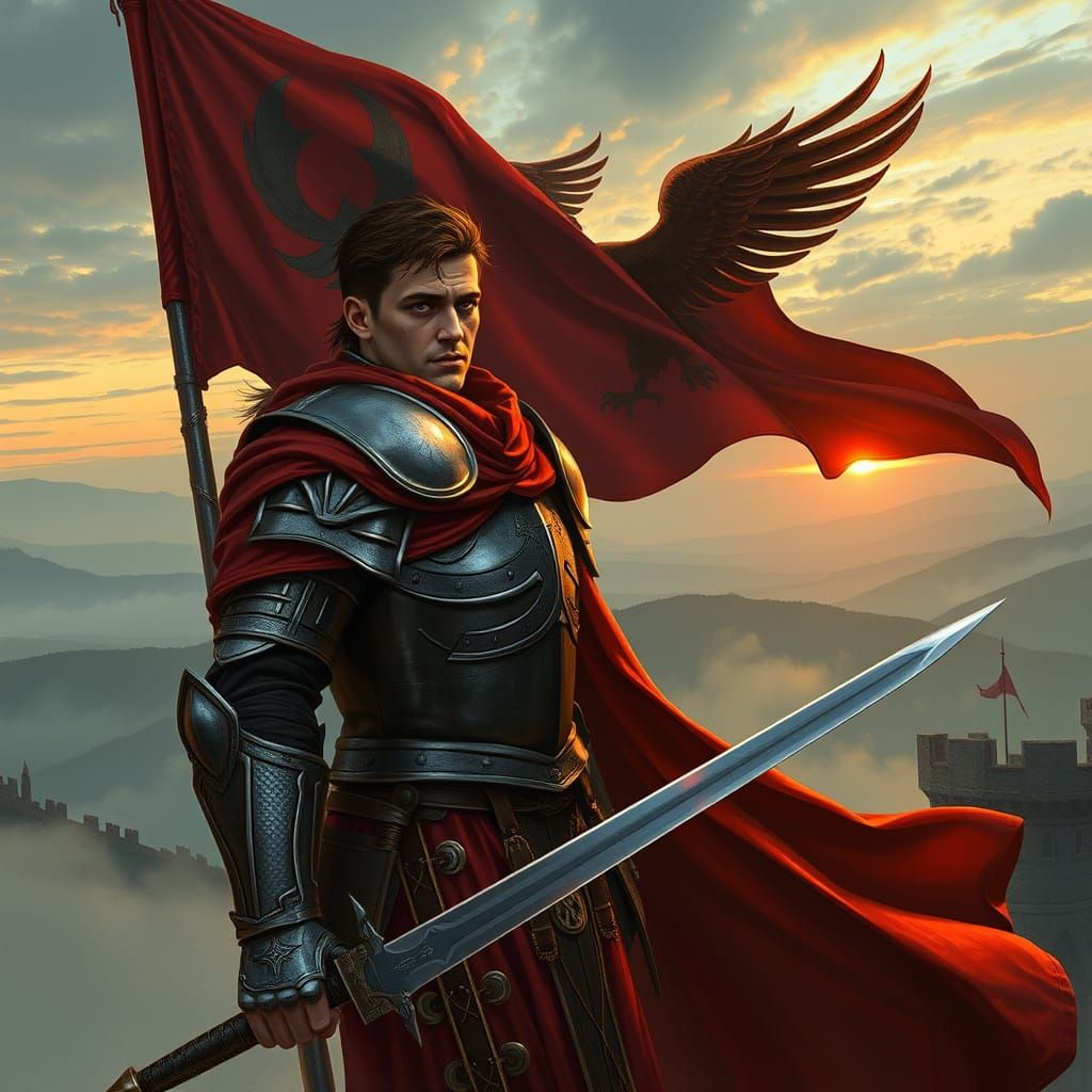 Imperial Hero on Misty Ramparts at Dawn