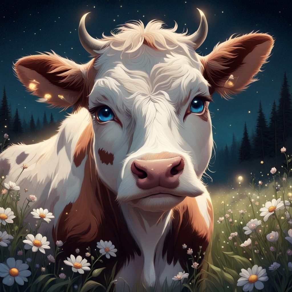 Cow in Field of Flowers: Digital Painting