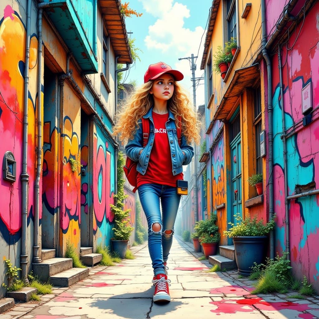 Schoolgirl in Urban Alley Graffiti Art
