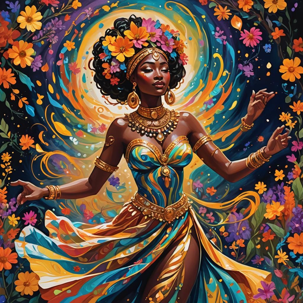 Nubian Goddess Dancing in a Gouache Wonderland